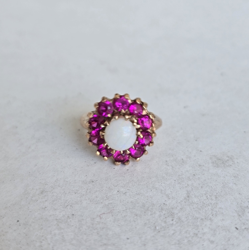 Lab Created Opal & Ruby Gemstone 14k Gold Flower Shape Ring Jewelry